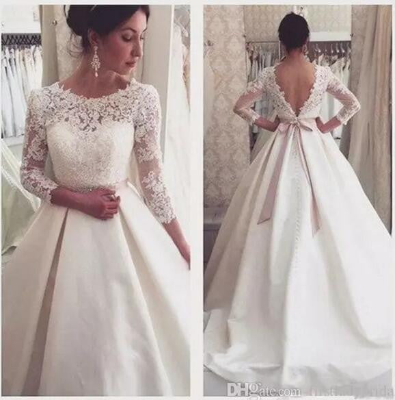 Vestidos de novia vintage Siaoryne con mangas largas, espalda en V, encaje satinado y cuentas