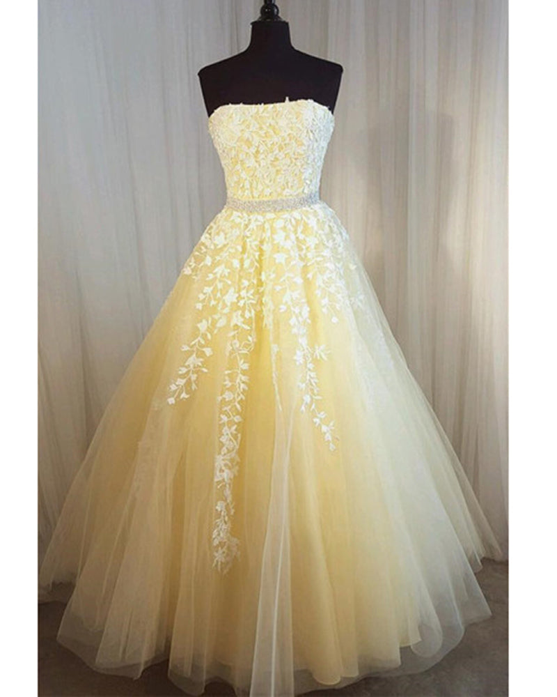 Vestidos de fiesta largos sin tirantes de encaje amarillo y tul para niñas con cinturón de cuentas