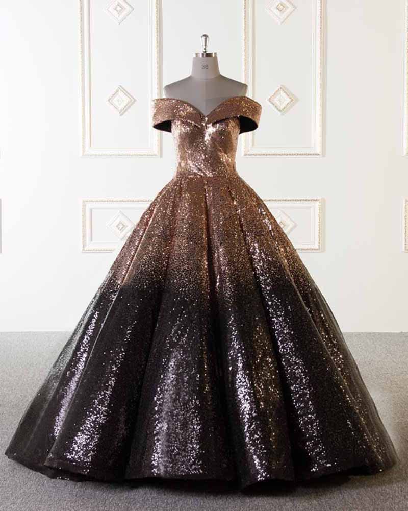 Luxury Sparkly Ball Gown Dresses Gold and Black Sequins Prom Evening D – Siaoryne