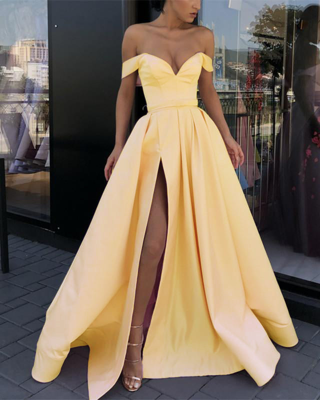 Robe de soirée formelle en satin lilas fendue en forme de A, robes de soirée de bal 2019 PL124