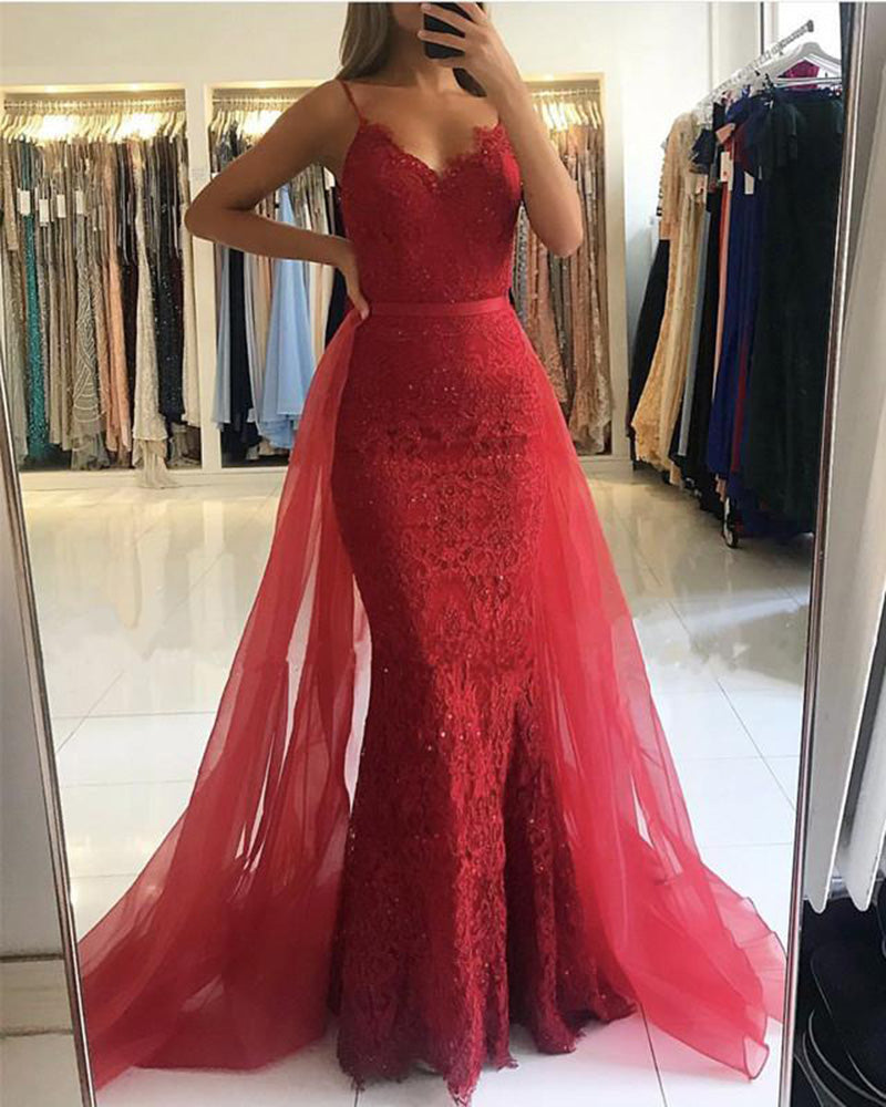 Robe de bal sirène en dentelle à bretelles spaghetti rouges avec traîne amovible pour femmes PL774