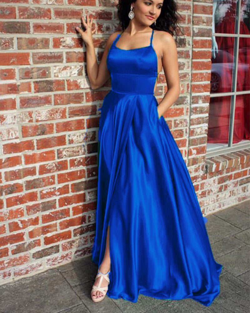 open lace back dress Royal Blue Prom Dresses Halter Long Graduation Girls Party Gown with S –  Siaoryne