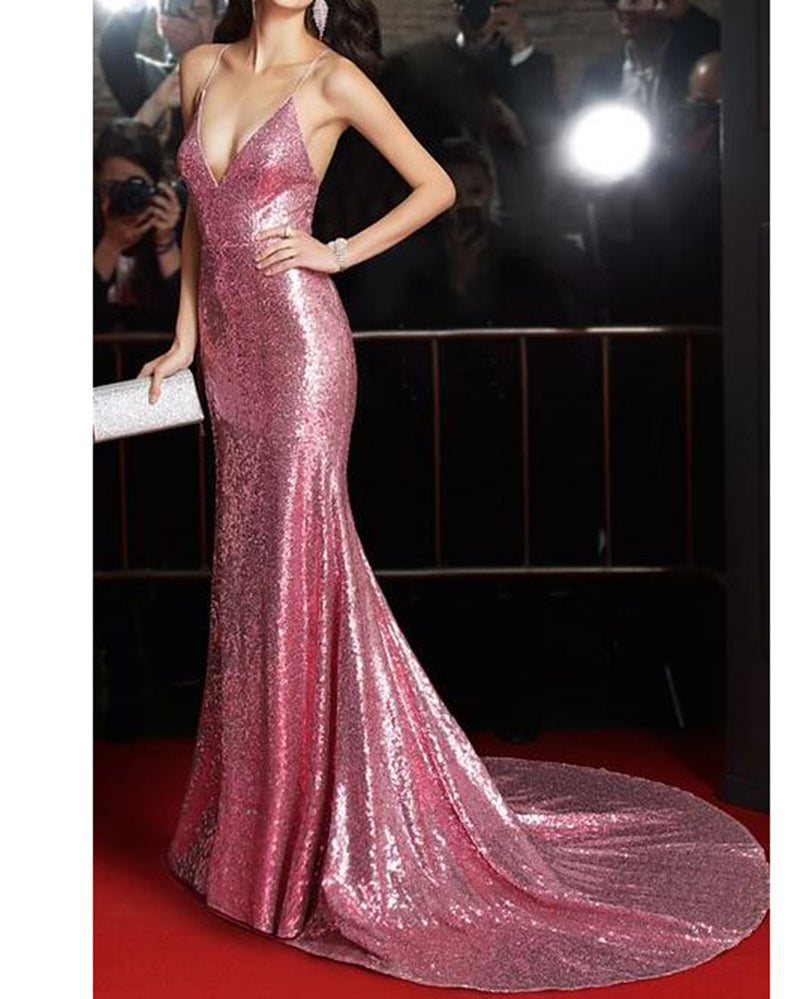 Bling Bling Spaghetti Straps Sequins Prom Dress Pink Long Party Gown P Siaoryne Bling Bling Spaghetti Straps Sequins Prom Dress Pink Long Party Gown P Siaoryne