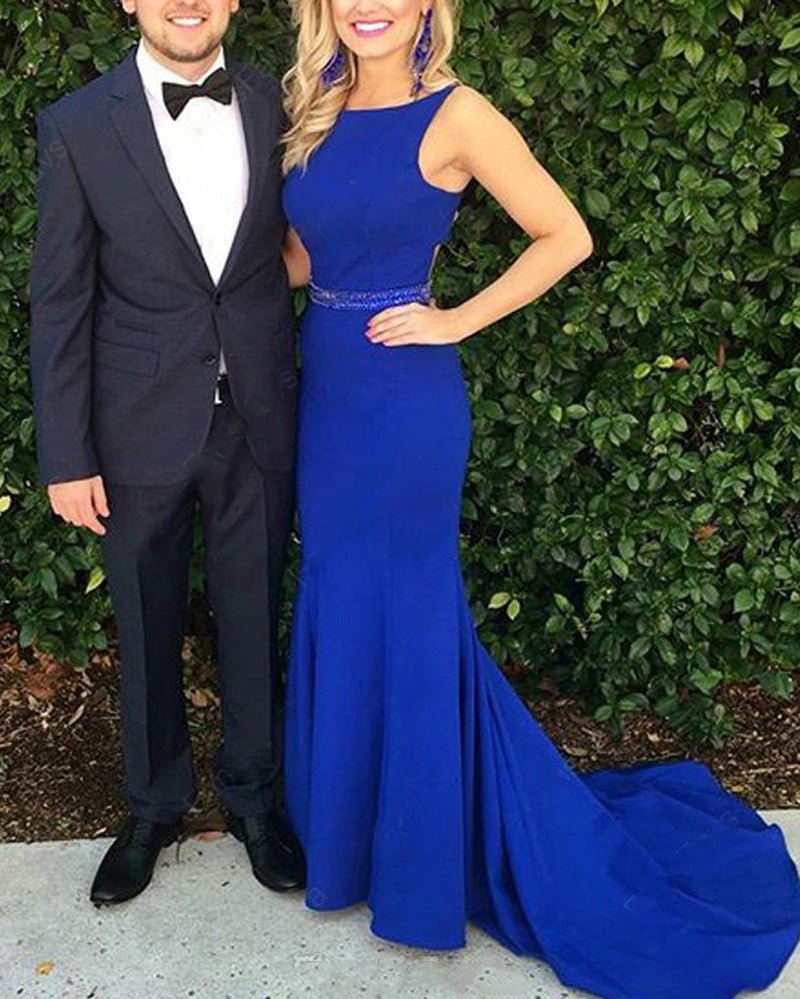Boat Neck Royal Blue Mermaid Fitted women Party Dresses Long Formal go   Siaoryne
