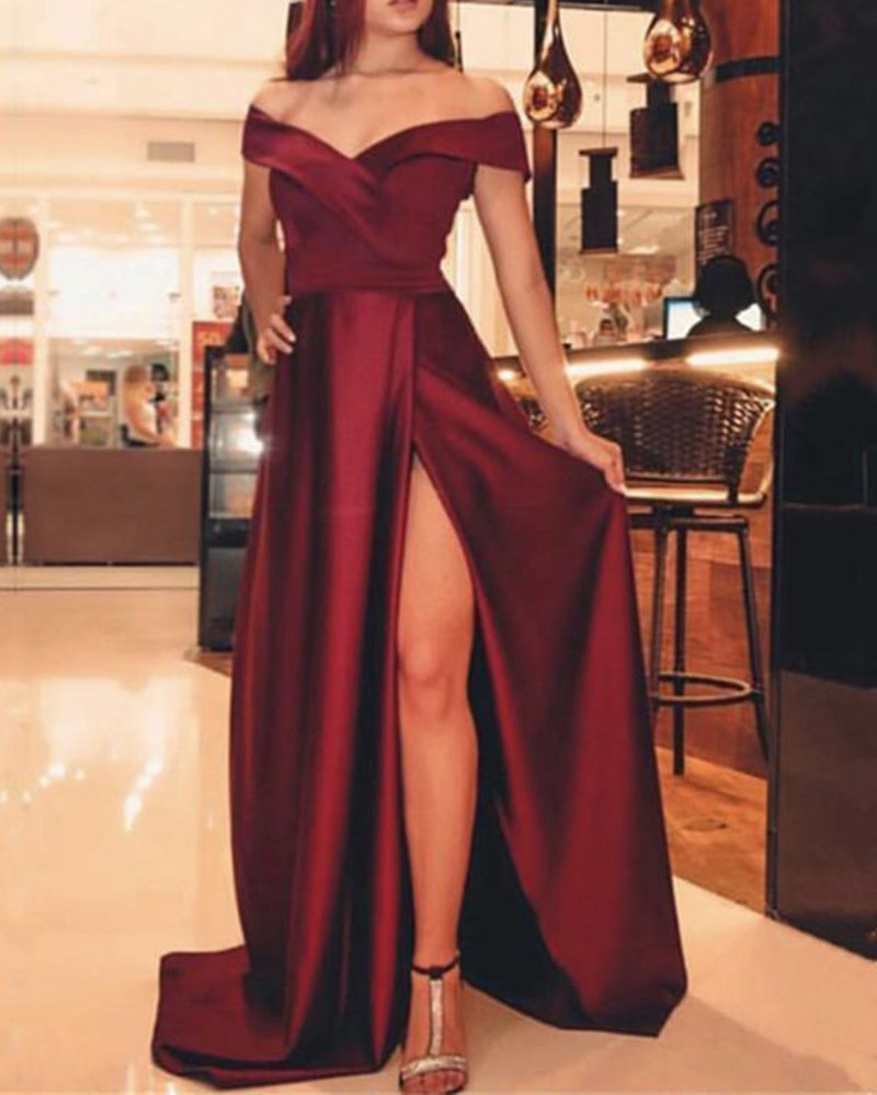 Vestido largo con abertura en color rojo burdeos para fiesta de noche PL665