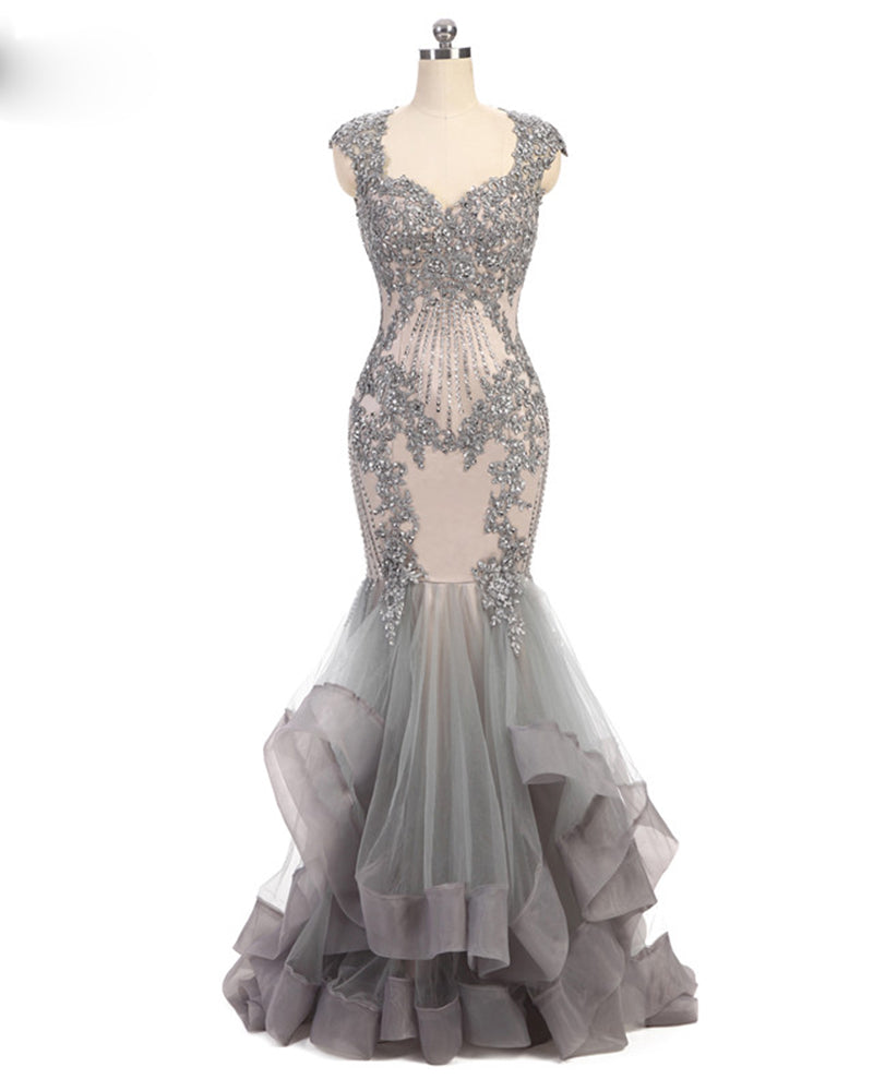 Luxury Chic Grey Mermaid Prom Dress Women Lace Beaded Long Evening For Siaoryne Luxury Chic Grey Mermaid Prom Dress Women Lace Beaded Long Evening For Siaoryne