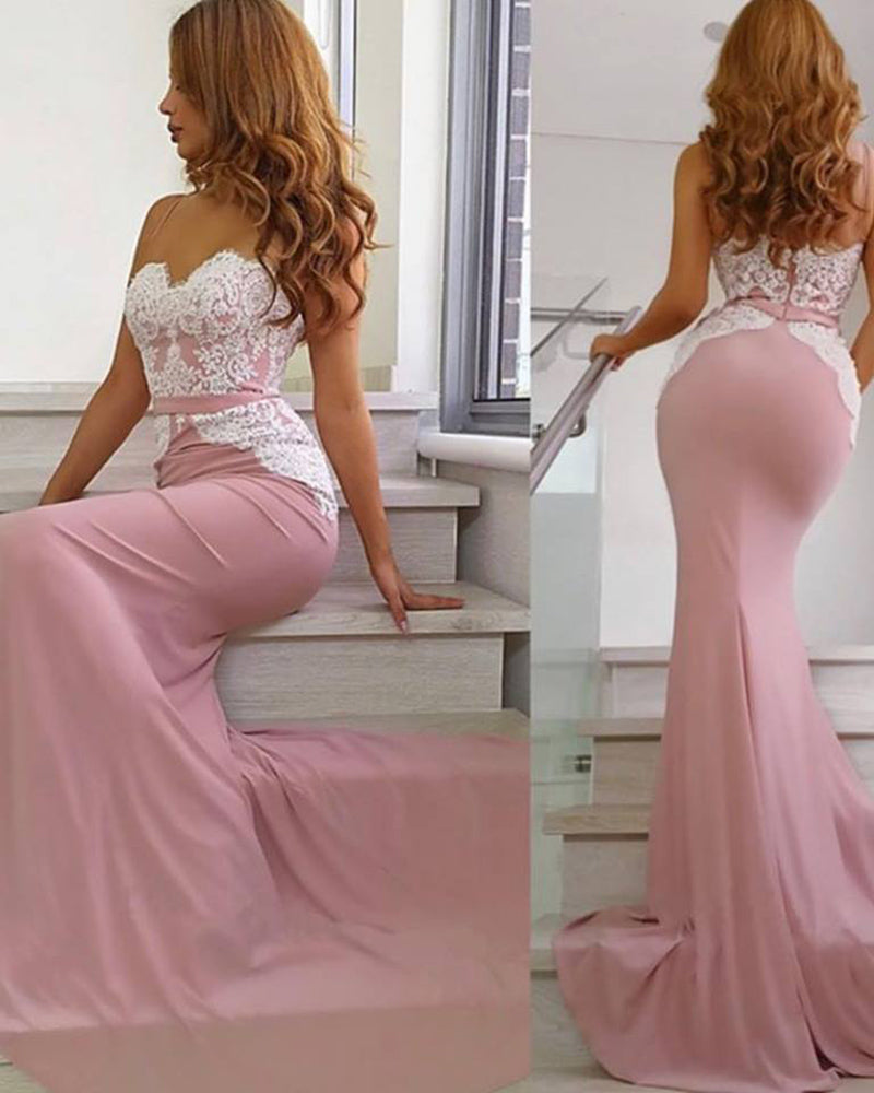 white/pink Mermaid Bridesmaid Dress Long Sweetheart Wedding party Gown PL6254