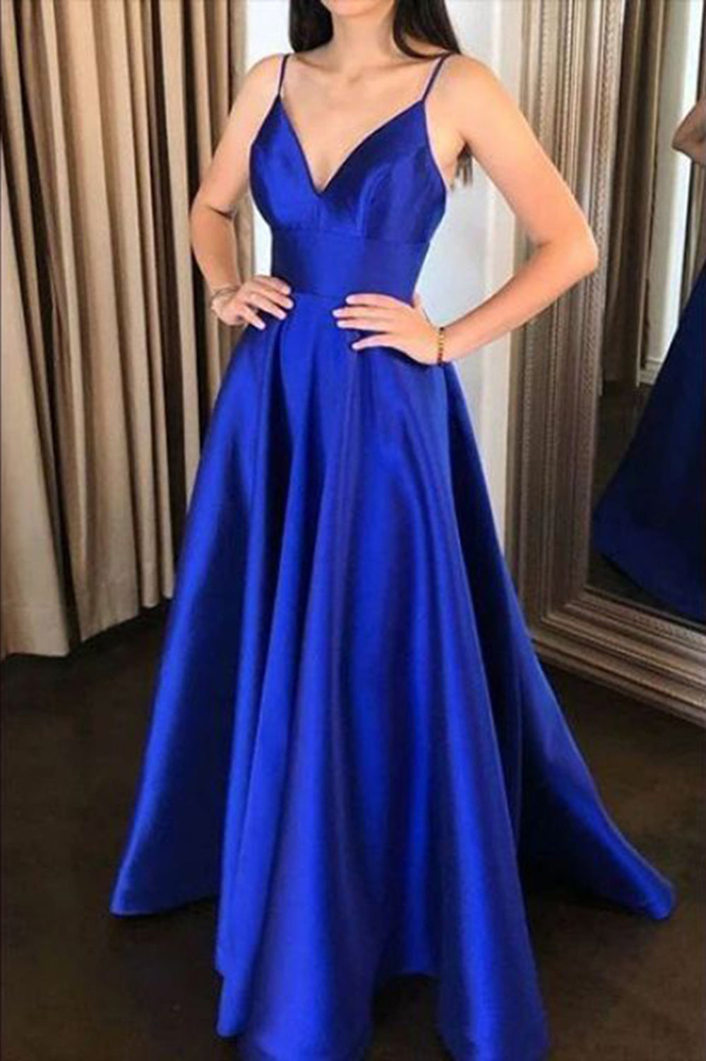 Vestido de fiesta formal de noche azul real con escote en V y corte en A de satén, vestido largo de graduación para niñas PL10127