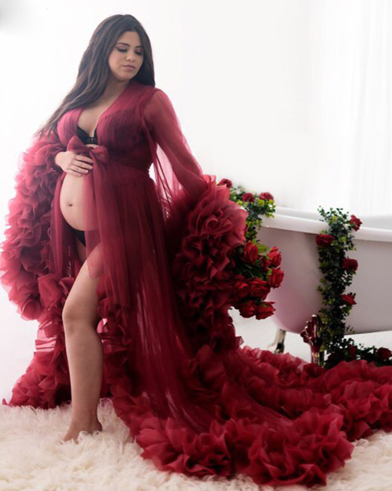 Vestido para sesión de fotos de maternidad, vestidos tipo bata burdeos personalizados, vestidos de noche largos de organza fruncidos con escote en V y mangas largas para mujer PL10109