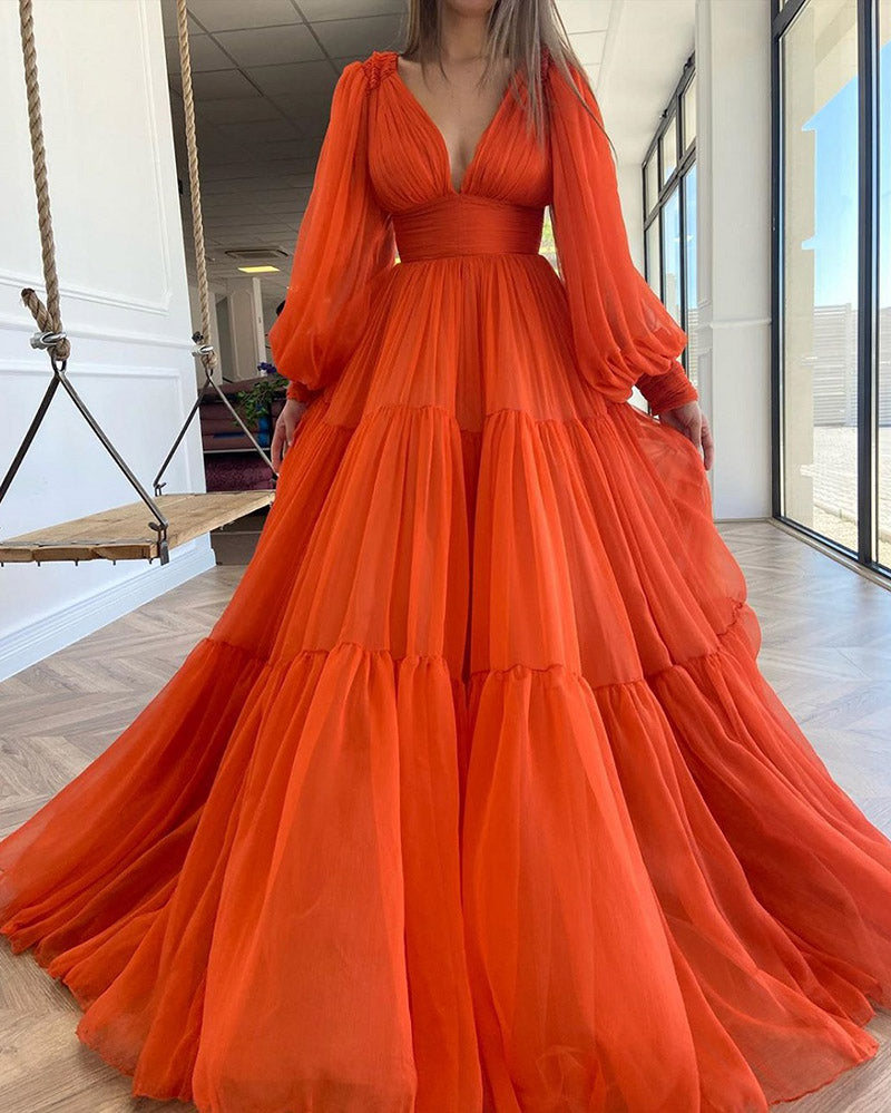 open lace back dress Puffy Long Sleeves Orange V Neck Formal Dresses Gown PL101102 – Siaoryne