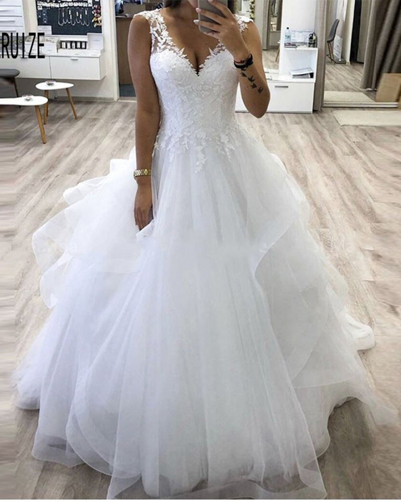 Robe de mariée blanche à col en V pour femme, robe de bal en dentelle bouffante, WD0320