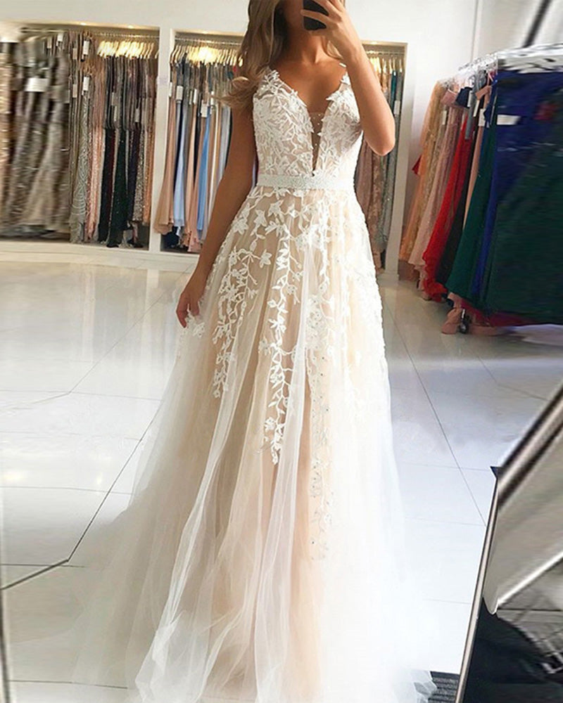 Beautiful A Line Tule Sexy V neck Champagne/Ivory Lace Long Prom Dress Siaoryne Beautiful A Line Tule Sexy V neck Champagne/Ivory Lace Long Prom Dress Siaoryne
