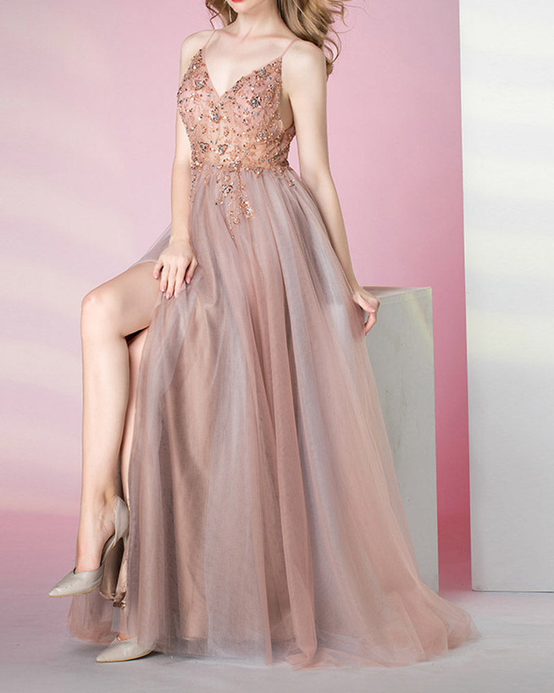 2020 Spaghetti Rose Perles Longues Robes De Soirée De Bal Expédition Rapide PL0311