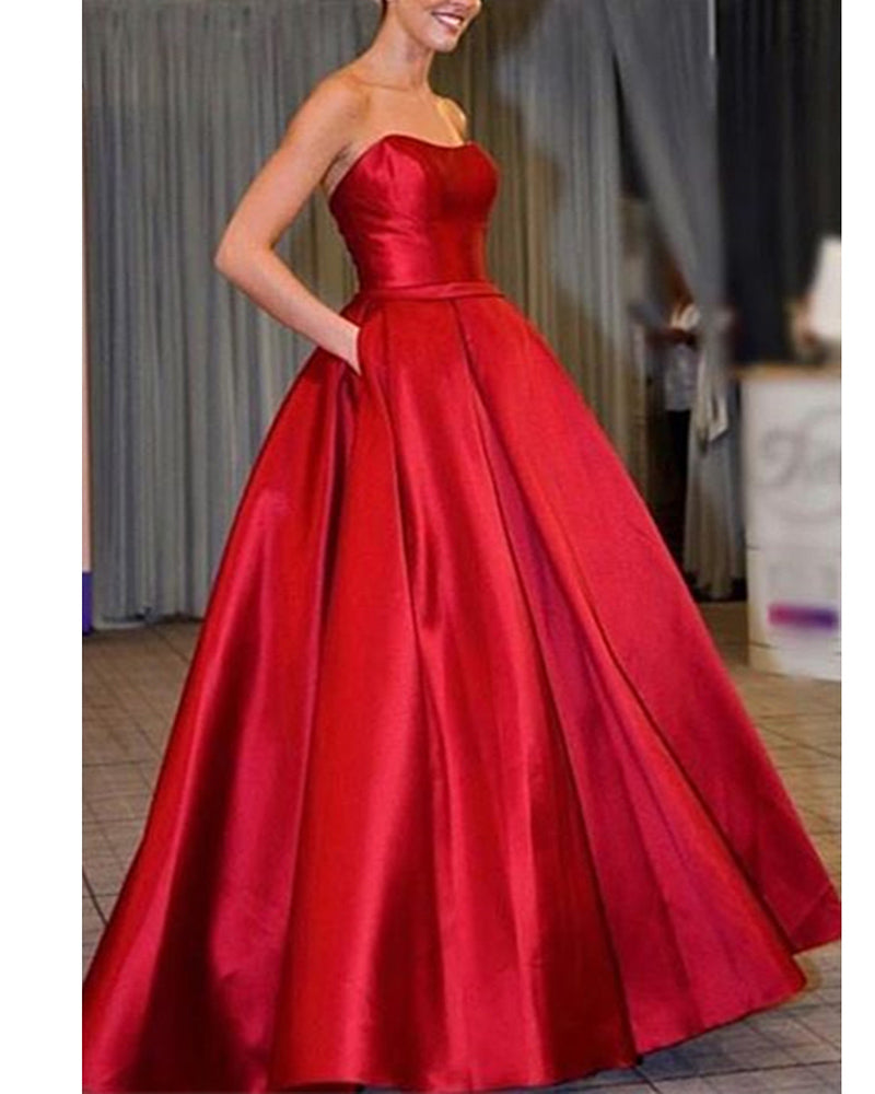 Hermoso vestido de fiesta largo de satén rojo en forma de A para graduación, noche, desfile, para niñas, con bolsillo PL01230
