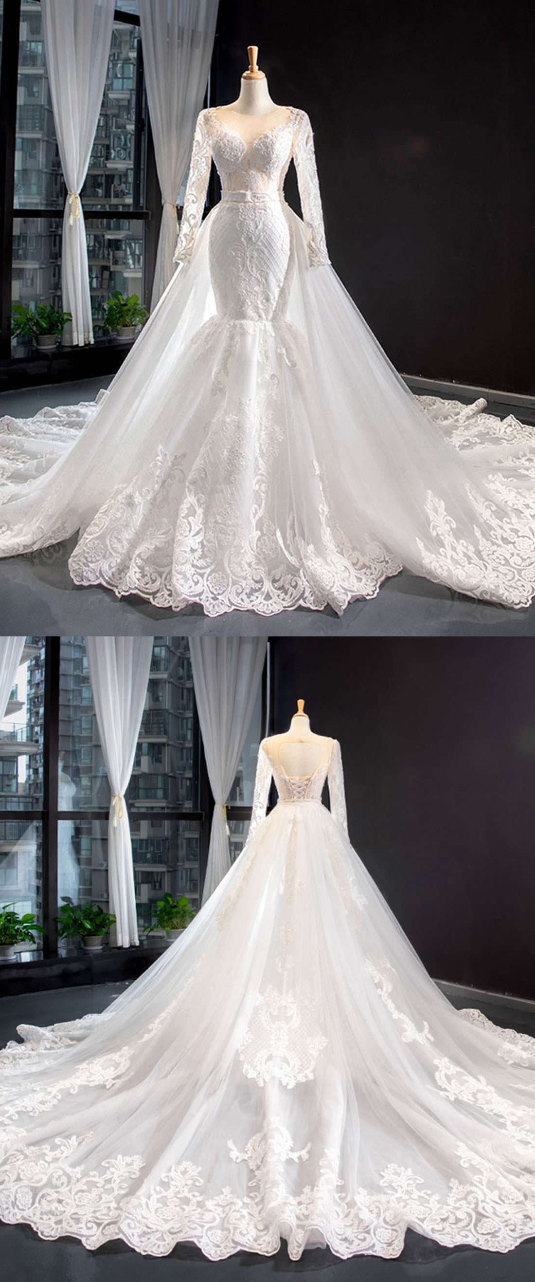 Superbe robe de mariée sirène à manches longues en dentelle 2 pièces avec traîne amovible 2024 WD10909