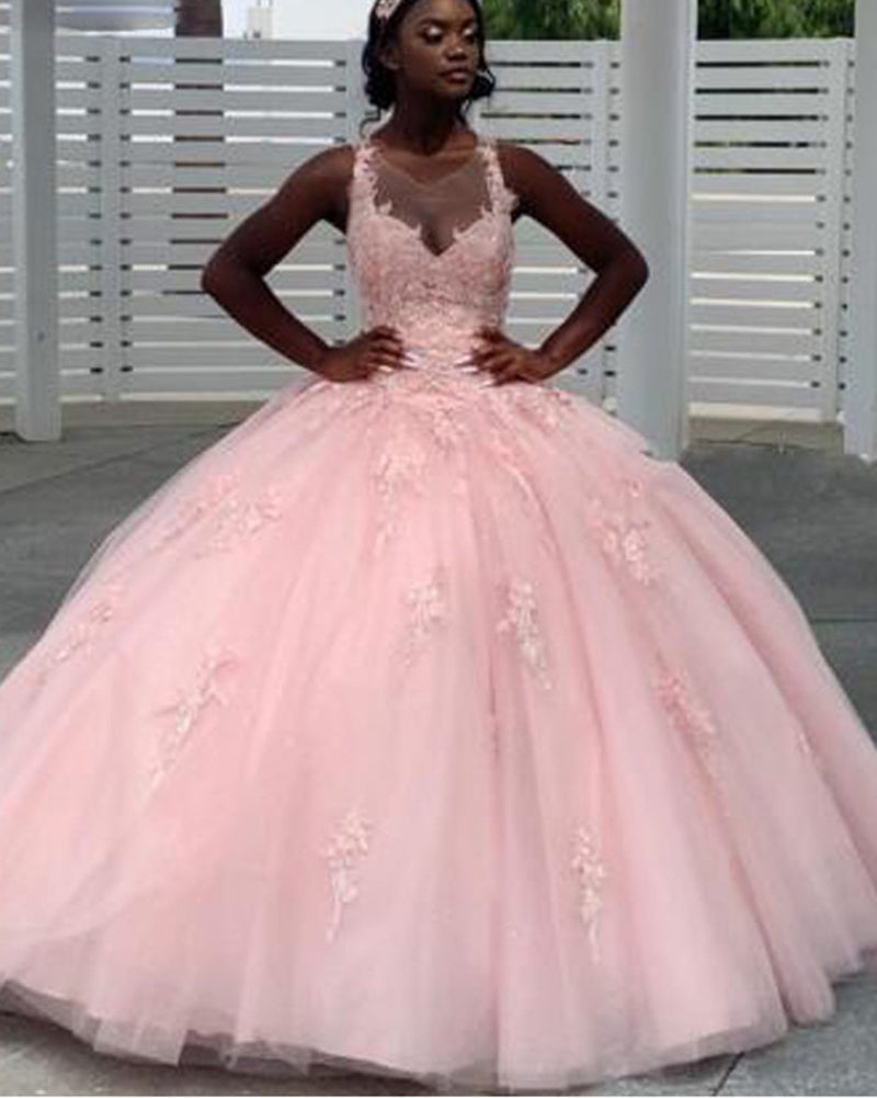Princess Pink Lace Scoop Debutante Gown Sweet 15 Ball Gown Quinceanera Prom Dresses,vestidos de fiesta de 15 PL10276