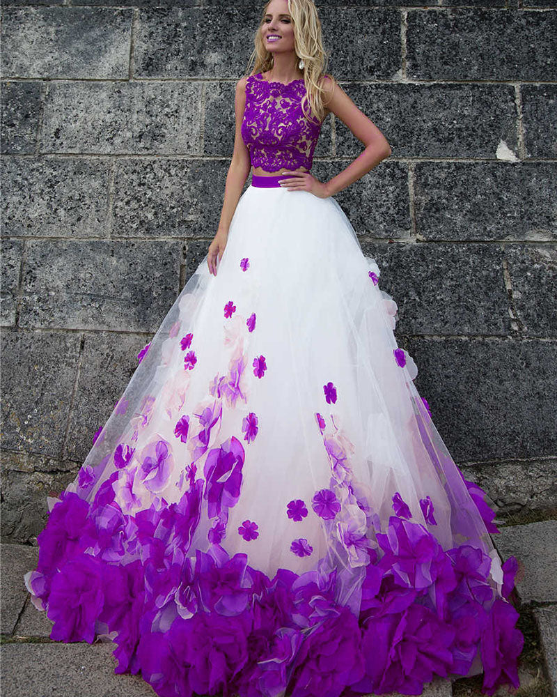 Purple And White Tulle Flowers Princess Crop Top Prom Dress Quinceaner –  Siaoryne