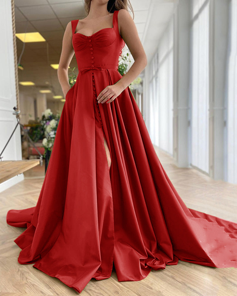 Red Cap Sleeve Prom Dress 2022 with Button Split Leg Sexy Graduation G –  Siaoryne