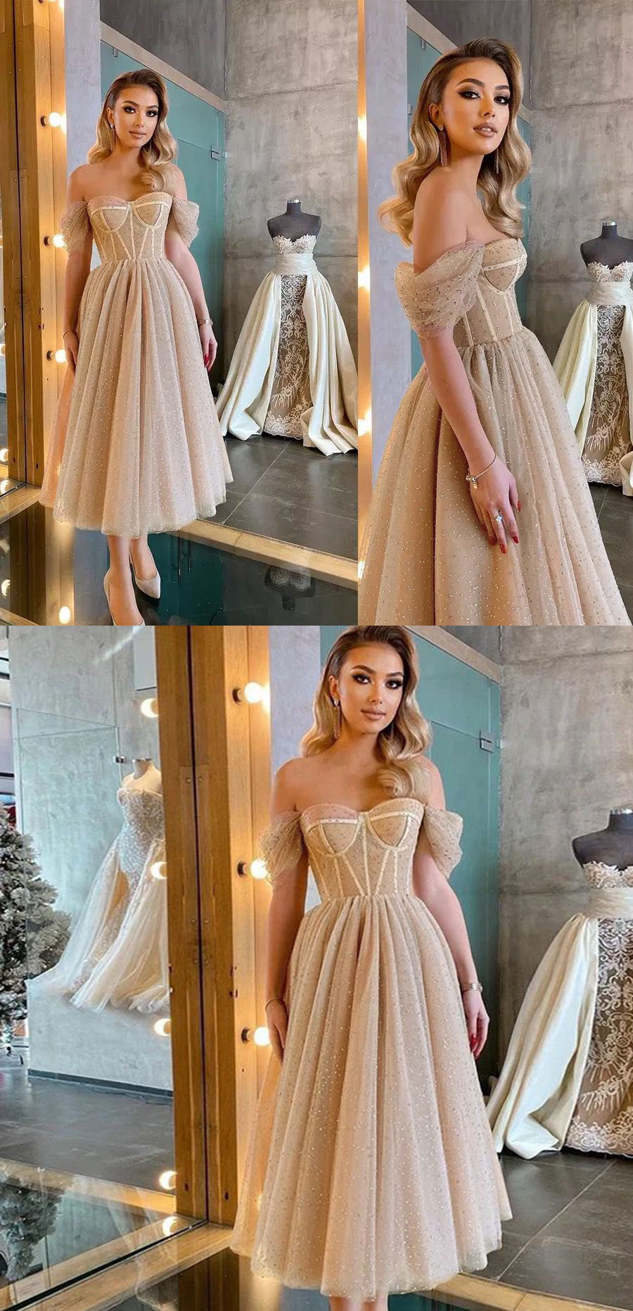 Vestido de fiesta con corsé y mangas abullonadas en color champán, con lentejuelas brillantes y largo hasta el suelo en color verde azulado PL10719