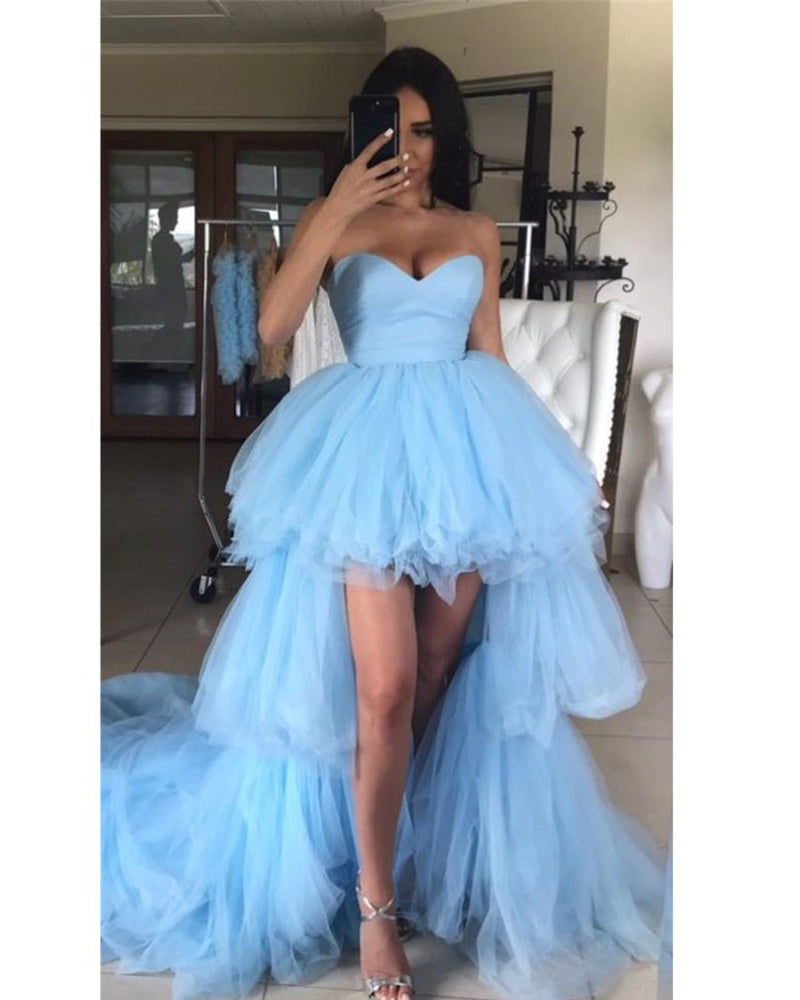 Sweetheart High Low Prom Dresses Ruffles Sky Blue Tulle Short Front Lo –  Siaoryne