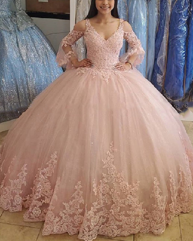 fitted lace wedding dress Light Blue Floral Quinceanera Dresses Long Sleeve Sweet 15 Dresses 21163 Light Blue / 16W main image 0