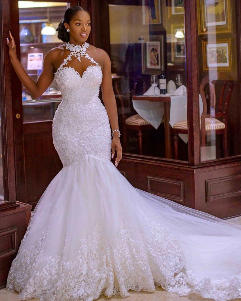 Robe de mariée sirène en dentelle sur mesure de haute qualité pour femmes, robe de mariée sexy à col licou, robe de mariée PL01129
