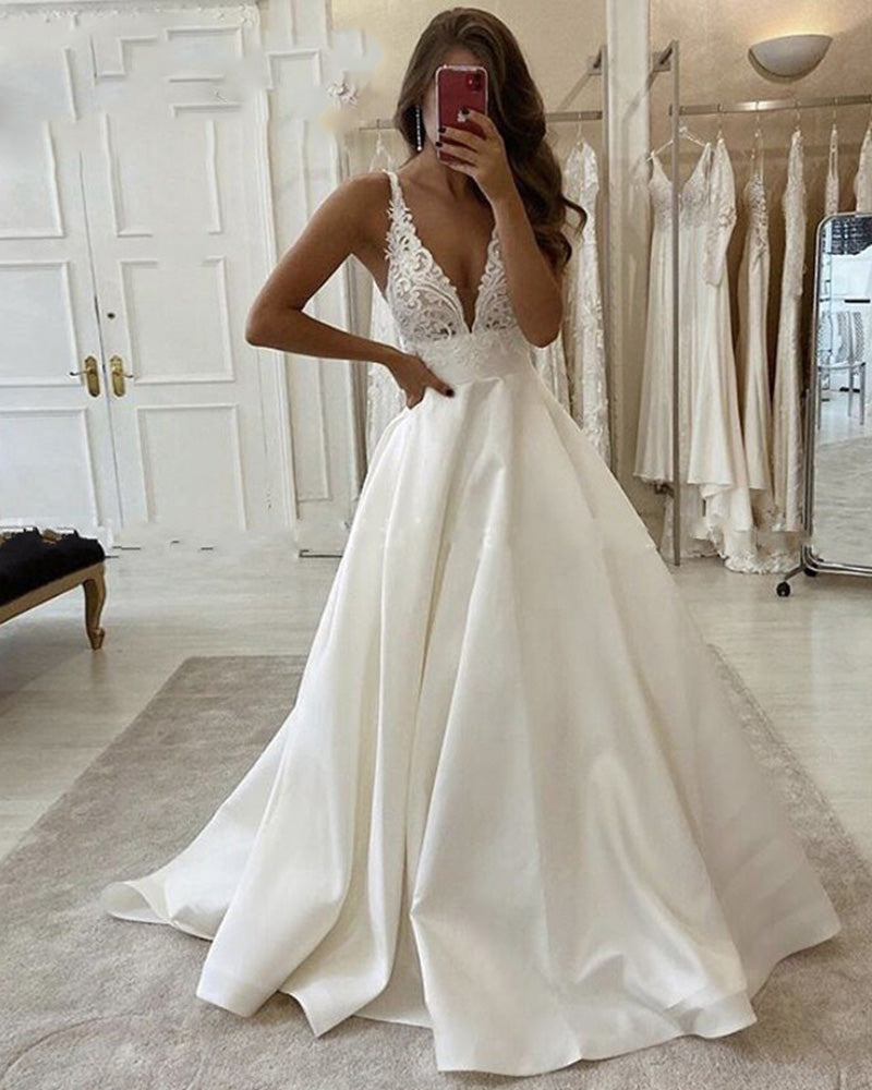 Simple Cheap Price Elegant Satin Ivory Wedding Gown Sexy V neck Bridal –  Siaoryne