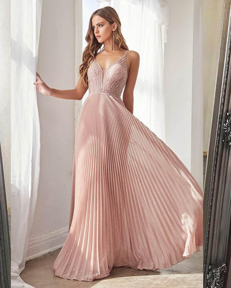 PL05232 Pink Evening Dress 2020 Long Sexy V Neck Pleated Formal Prom Party Gown wit Beading/Sequins