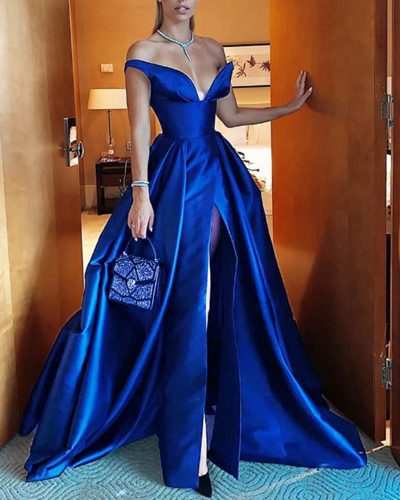 Beaded Off-the-shoulder A-line Dress With Slit Slate Blue