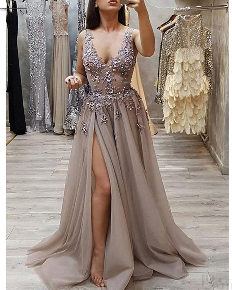 Siaoryne PL5412 Vestidos de fiesta sexys con escote en V y abertura para niñas con tirantes de abalorios Vestidos de fiesta para niñas 2020
