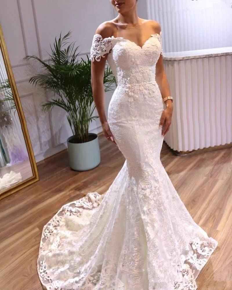 Robe de mariée sirène en dentelle ivoire à épaules dénudées pour femme, robe de mariée longue WD10219