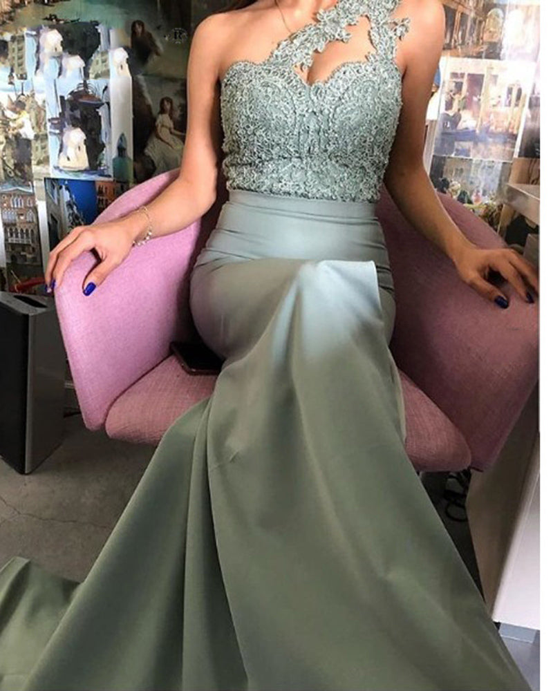 Vestido de encaje ajustado de color verde salvia de moda para dama de honor, vestido de fiesta de boda con un solo hombro PL1203