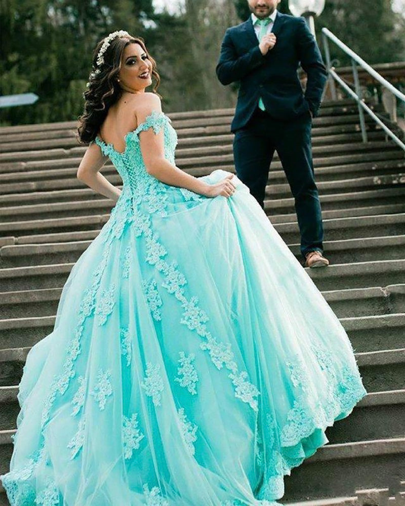 Vestido de fiesta de quinceañera con hombros descubiertos, color verde menta y azul, de encaje, para debutantes, dulces 16, fiesta de bodas, PL11124