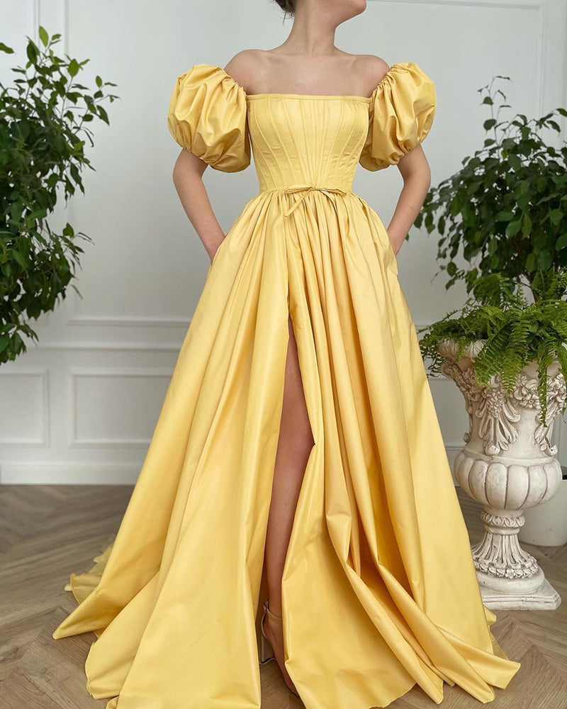 Vintage Yellow Goth Puffy Sleeves A Line Satin Slit Leg 80s Prom Dress –  Siaoryne