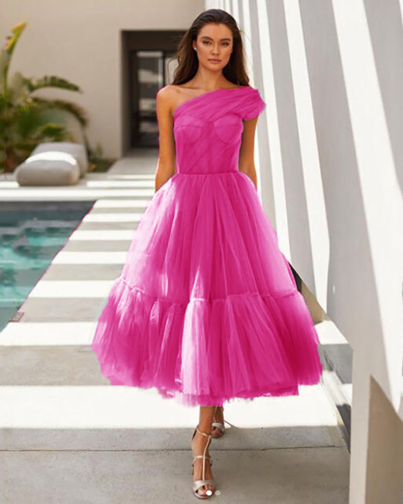Elegant One Shoulder Fuchsia Pink /Hot Pink Prom Dress Tea Length SP11 Siaoryne Elegant One Shoulder Fuchsia Pink /Hot Pink Prom Dress Tea Length SP11 Siaoryne