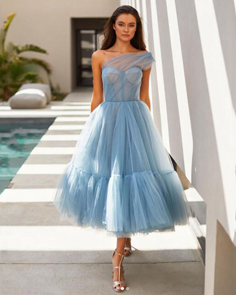 Elegante vestido de fiesta corto azul de tul SP111211