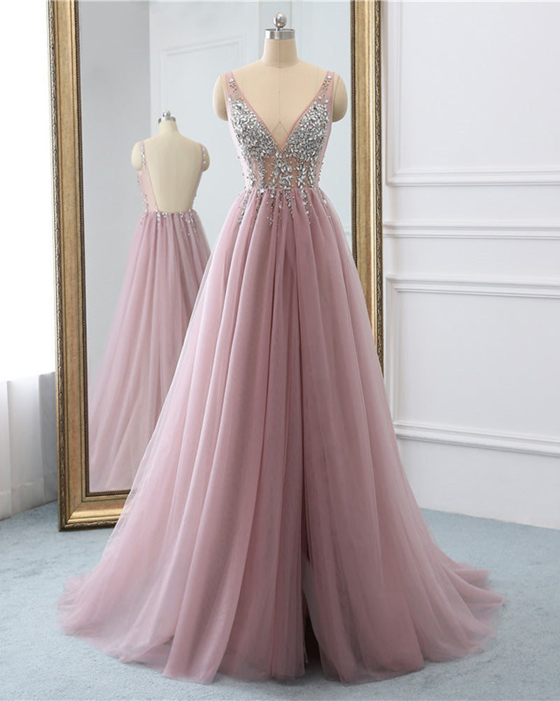 Vestido de fiesta largo con escote en V y cuentas en color rosa malva polvoriento 2022 PL22781