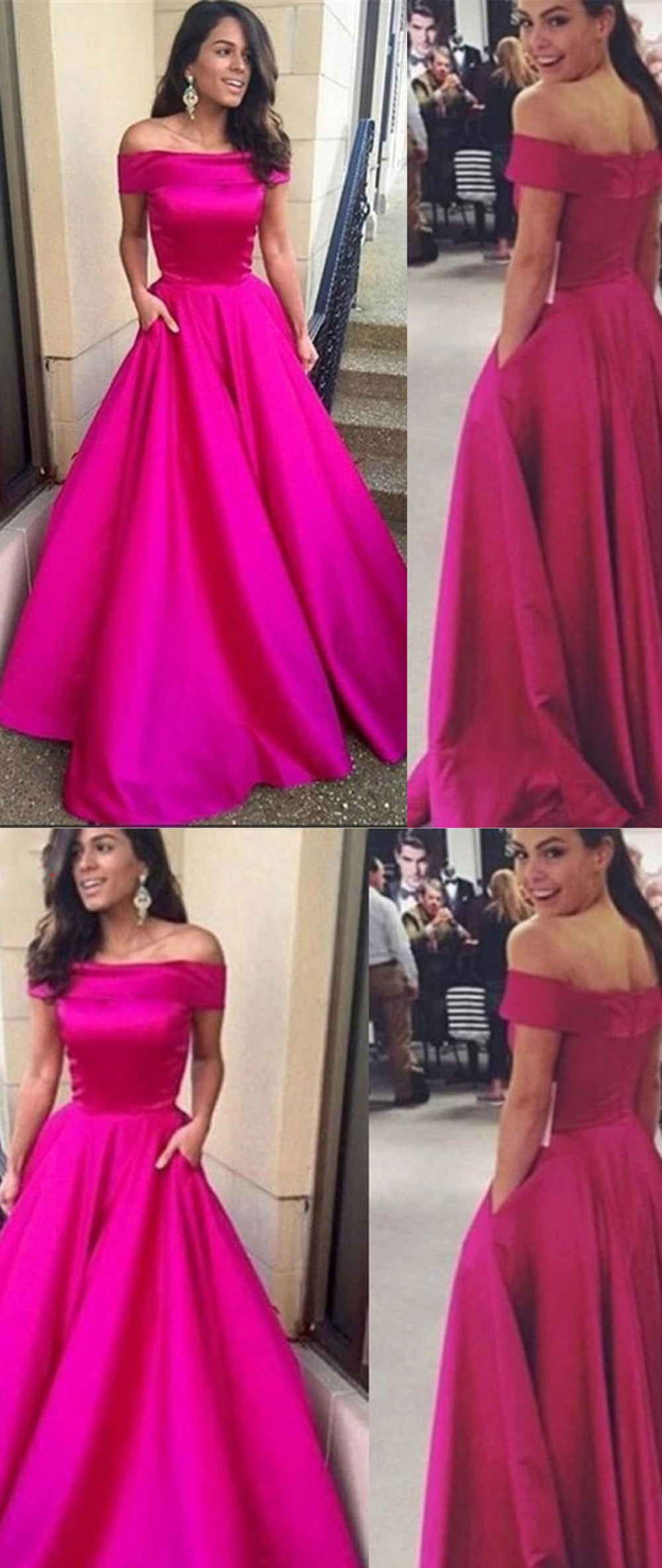 Vestido de fiesta rosa intenso con hombros descubiertos, vestido de noche largo de encaje, bata de noche larga con bolsillos 2021 PL10418