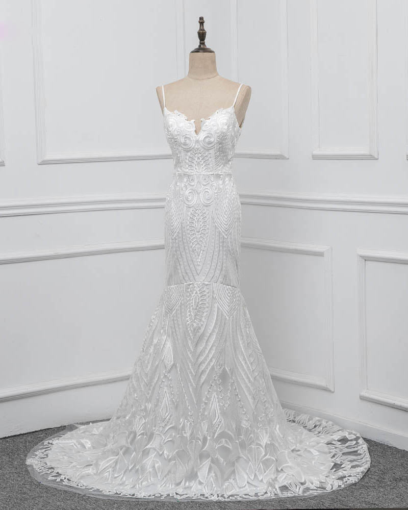 Robe de mariée sirène en dentelle de luxe ivoire avec bretelles spaghetti WD3321