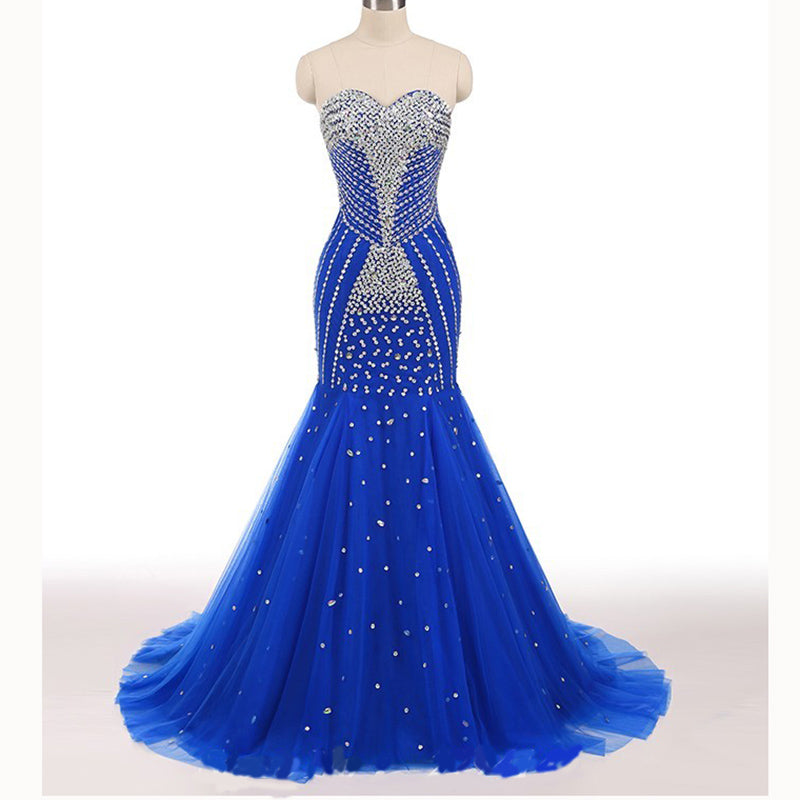 chinese dress ladies Gold Beaded Royal Blue Sequin Mermaid Tailor Made Prom Dress main image 1