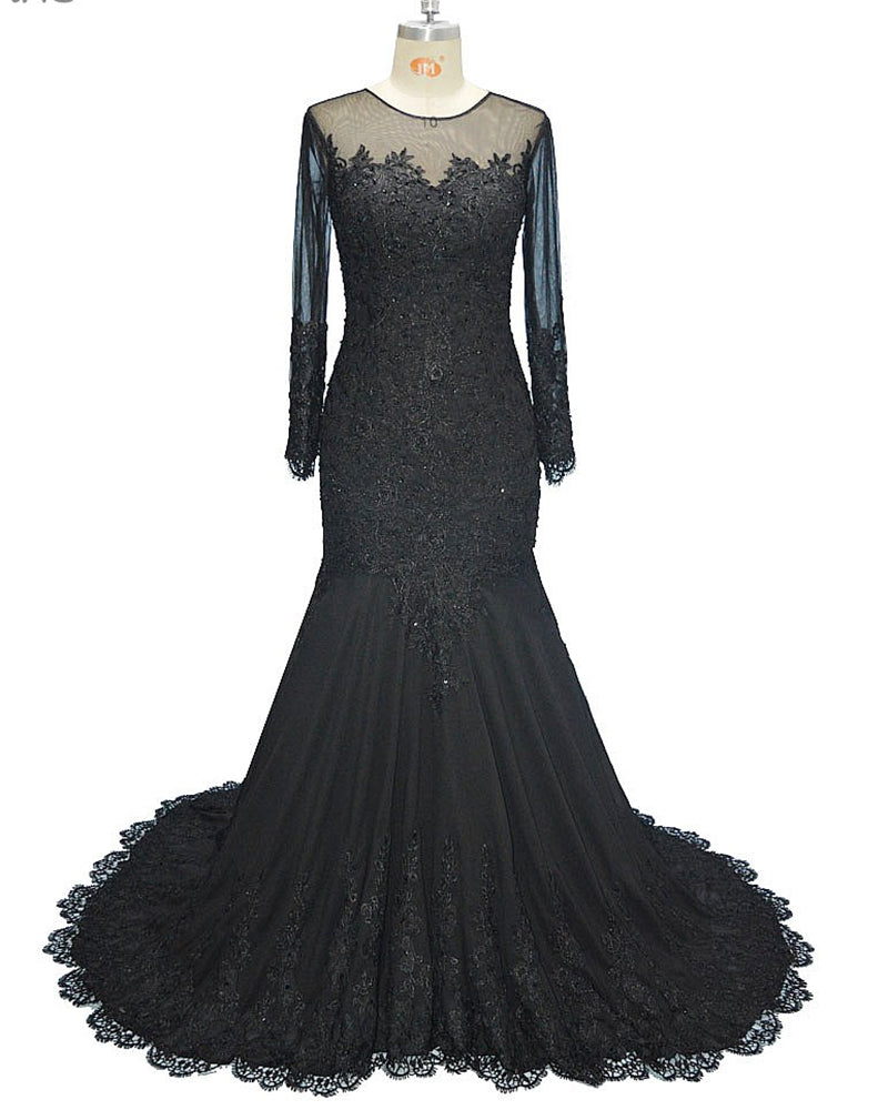 Vestido de noche elegante de sirena negro con mangas largas y encaje con cuentas para mujer