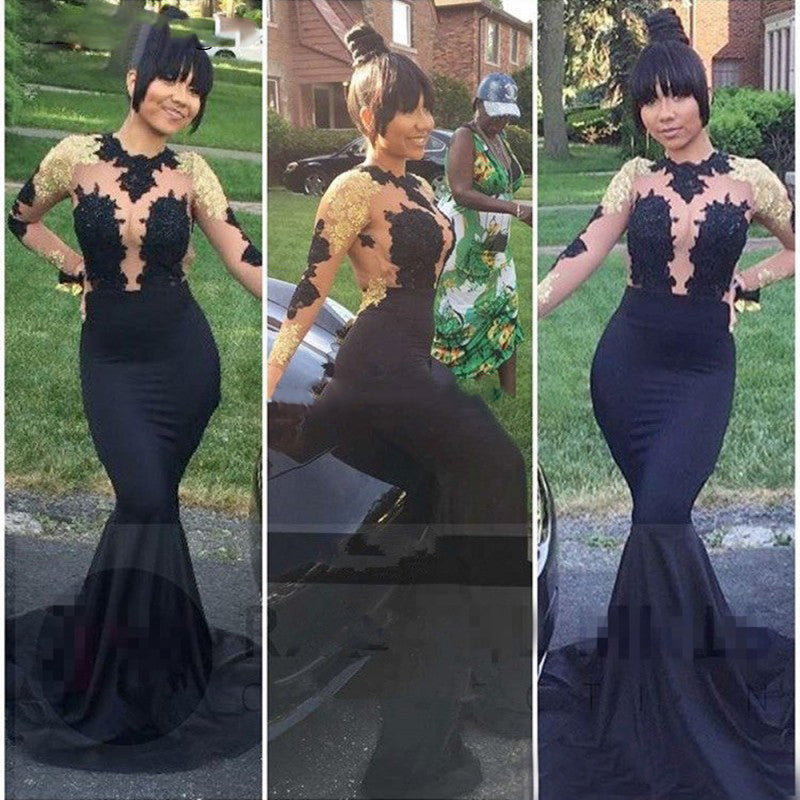 Robe de soirée noire sexy à manches longues en dentelle sirène pour femmes, robe formelle abito sera MH002