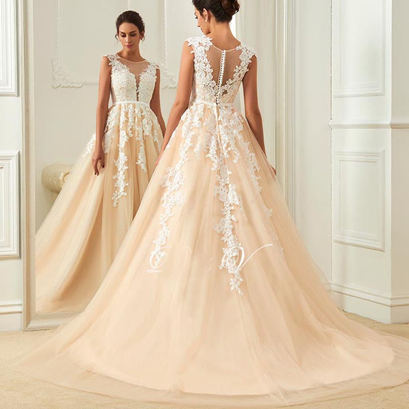WD627 Vintage Wedding Dress Lace Appliqued,Scoop Neck Champagne Bridal –  Siaoryne