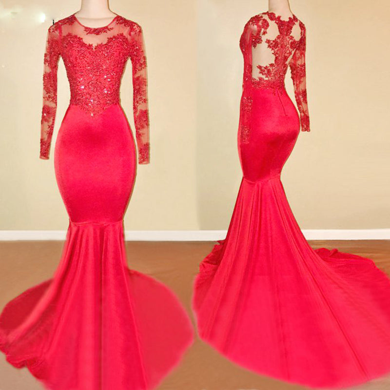 Robe de soirée sexy rouge à manches longues avec dentelle appliquée LP716