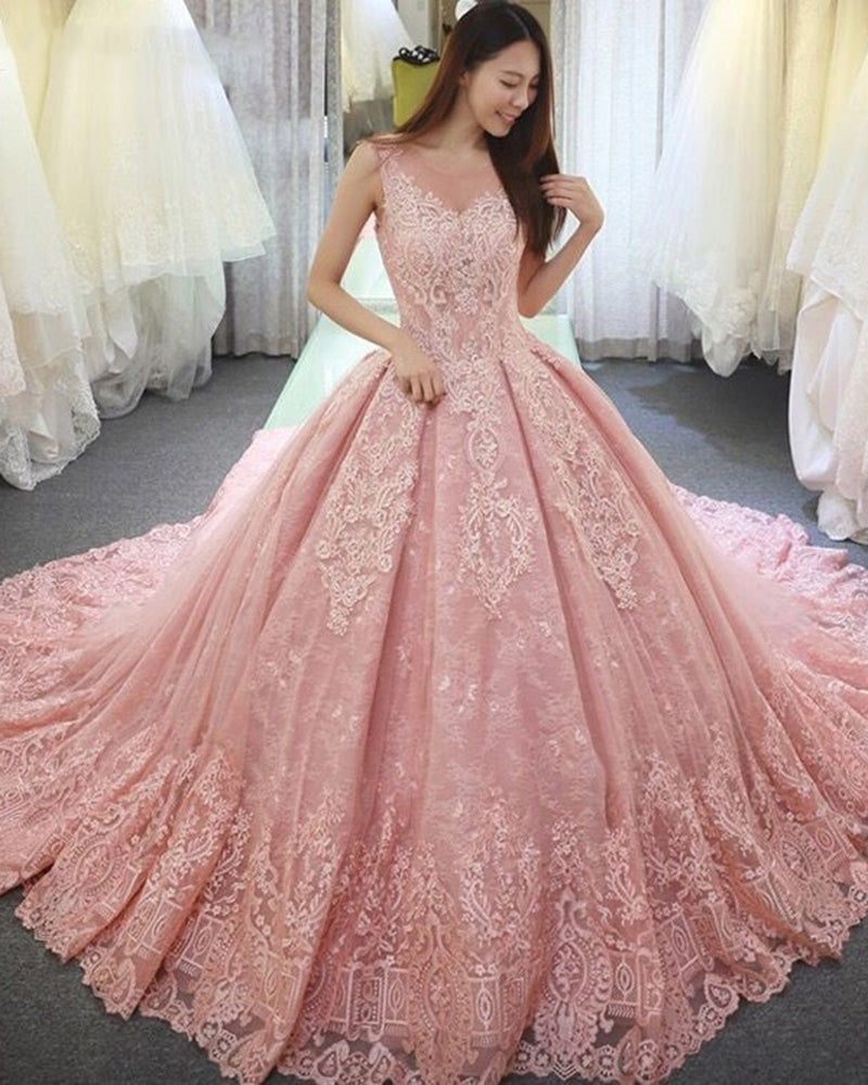 Princess Scoop Neck  Lace Pink Wedding Dress Gown WD10505