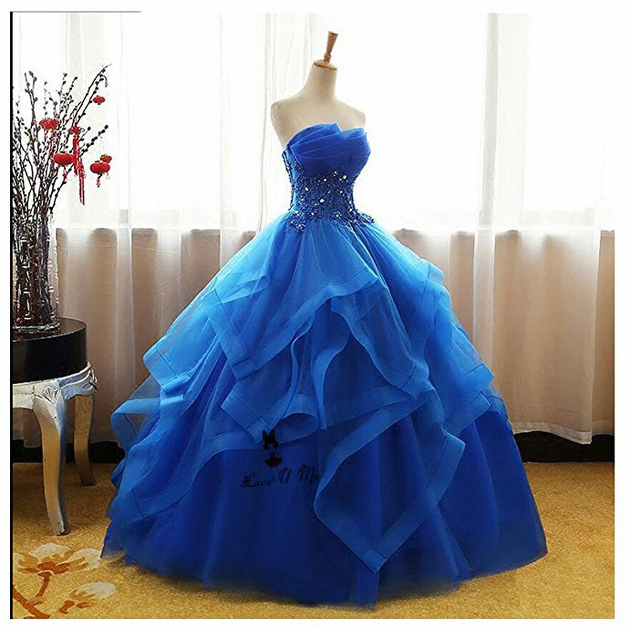 Gorgeous Blue Strapless Ball Gown Quinceanera Dresses Poofy Sweet 16 Birthday Party Gown