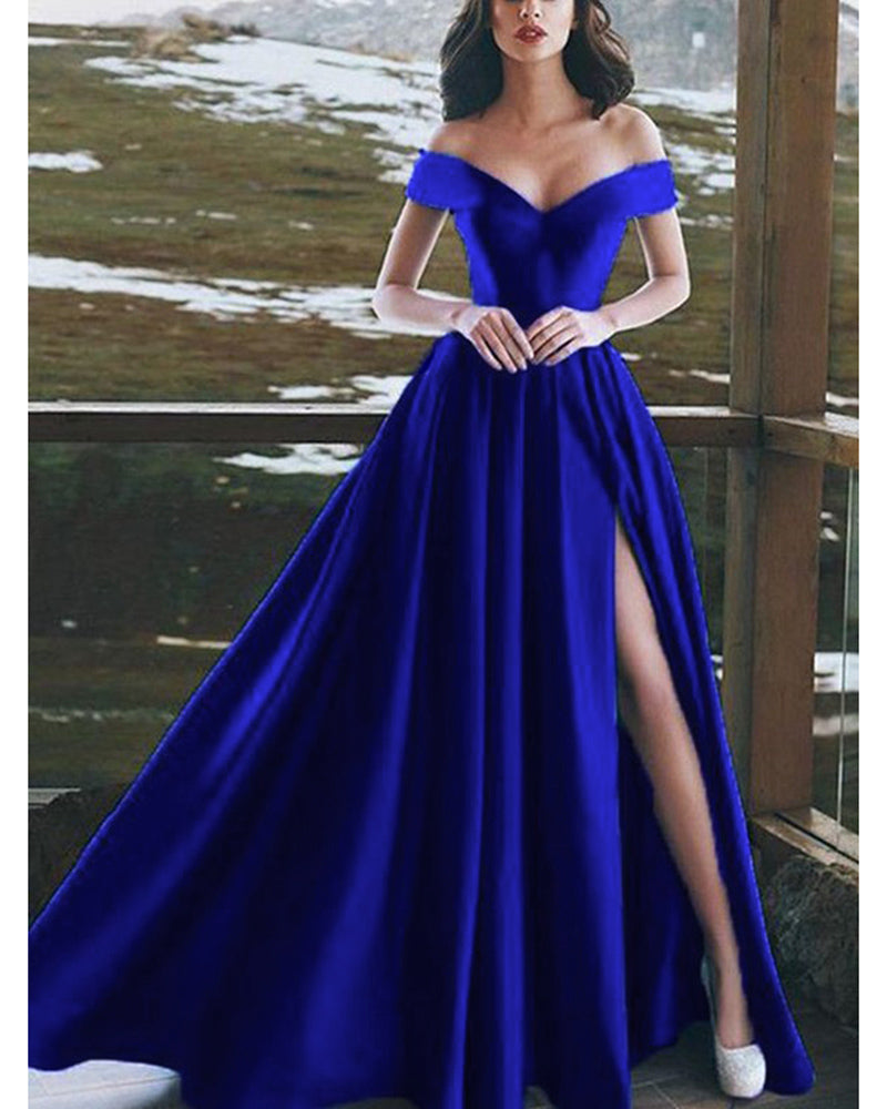 Elegante vestido de fiesta azul real largo de satén con hombros descubiertos y pierna dividida PL10103