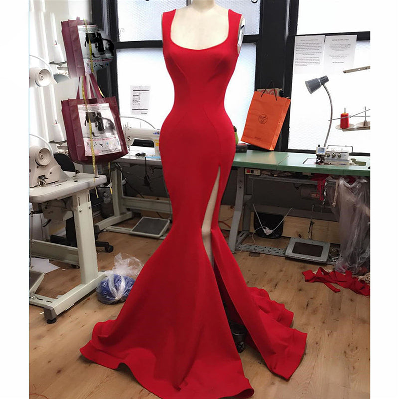 Red Scoop Neck Sexy Mermaid Prom Dress Split Leg , Women Evening Long Dress with Straps LP715