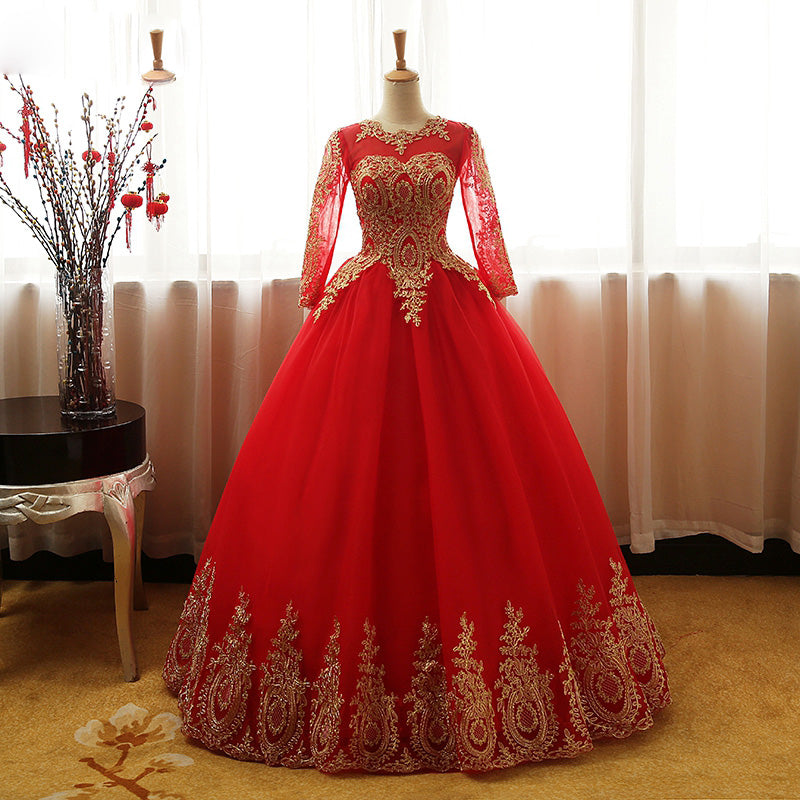 fitted lace wedding dress Red and Gold Ball Gown prom dress with Long Sleeves Wedding gown WD750 –  Siaoryne