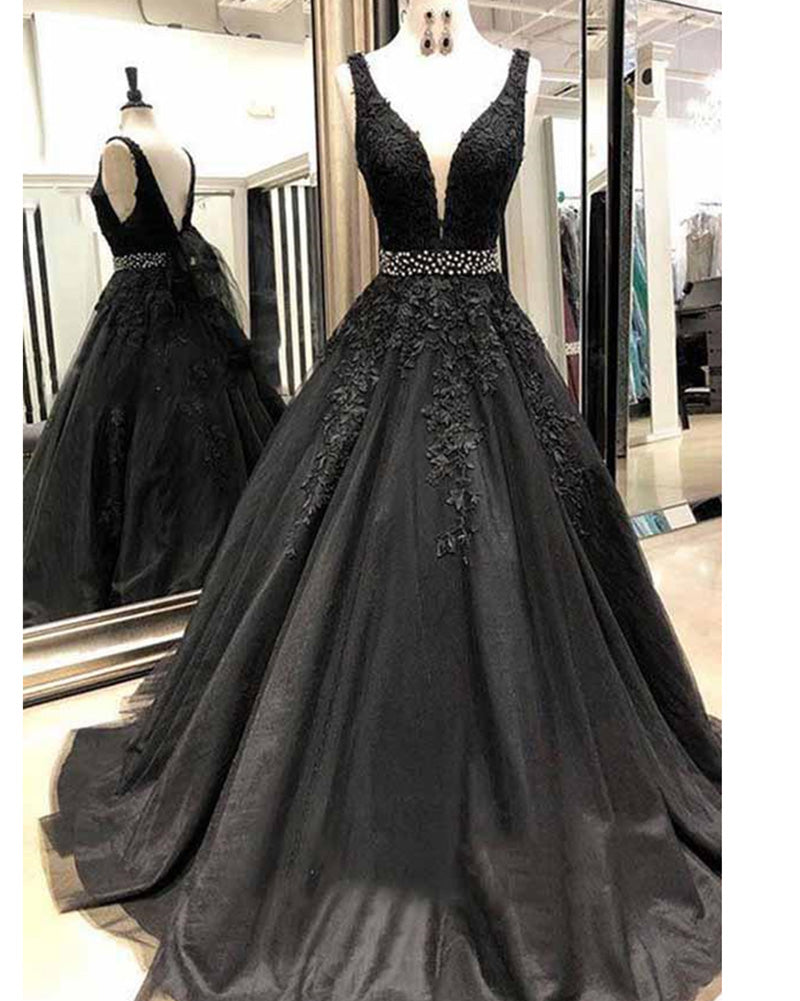 Siaoryne Black Lace Girls Senior Prom Dresses Long with Beading Belt V